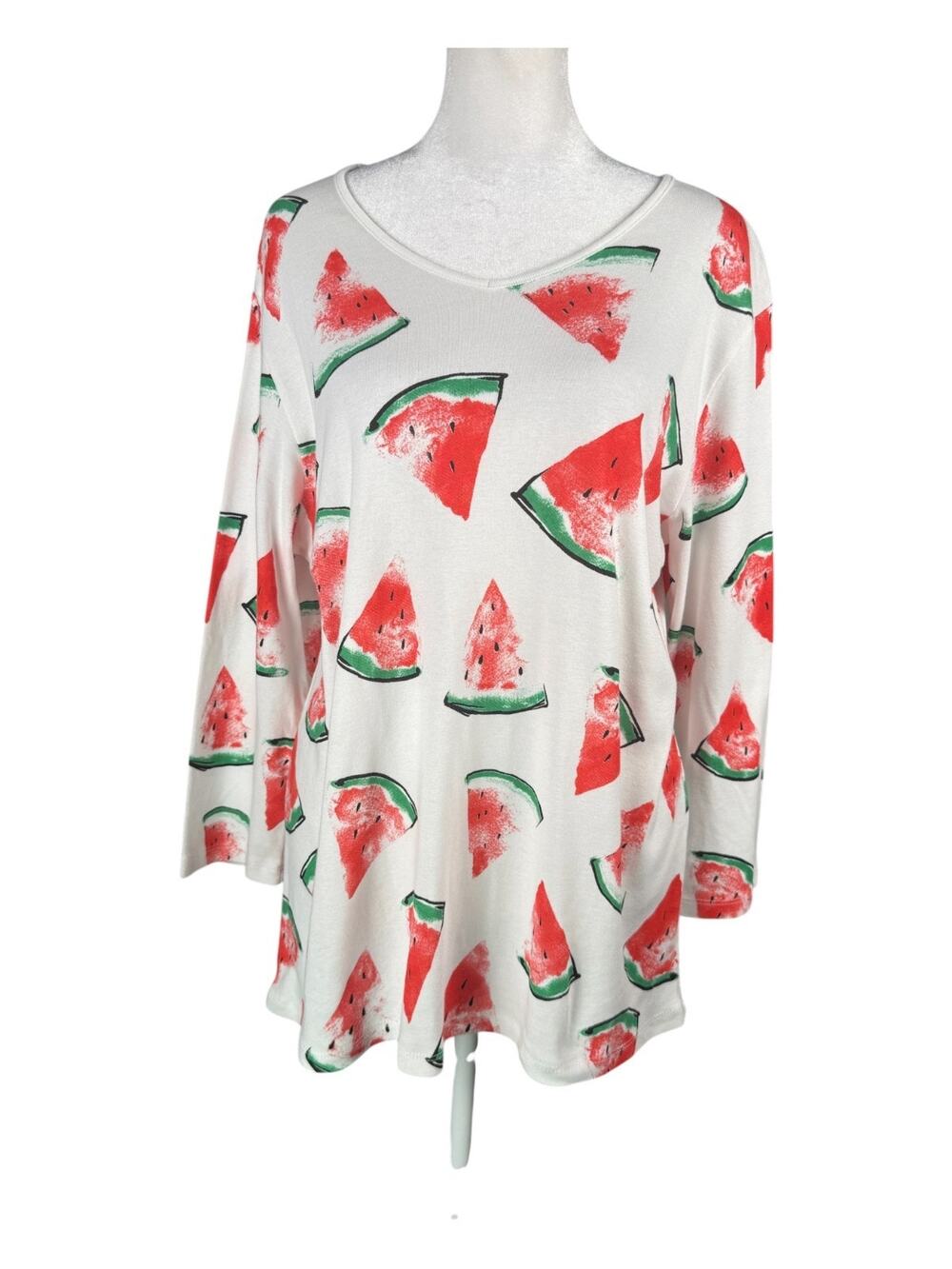 Jess & Jane XL 3/4 Sleeve V-Neck Top Tee 100% Cotton White Watermelons USA Made